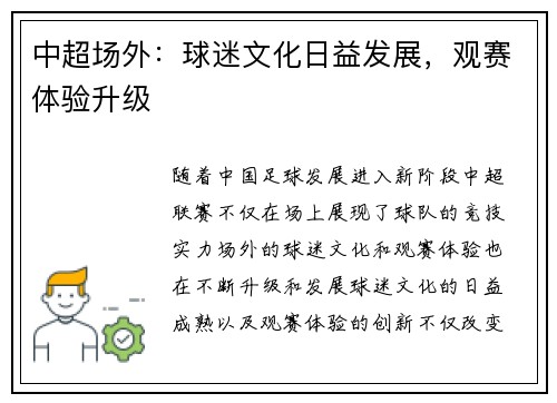 中超场外：球迷文化日益发展，观赛体验升级