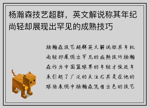杨瀚森技艺超群，英文解说称其年纪尚轻却展现出罕见的成熟技巧