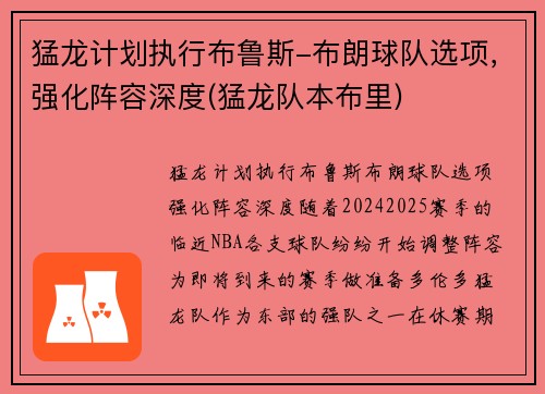 猛龙计划执行布鲁斯-布朗球队选项，强化阵容深度(猛龙队本布里)